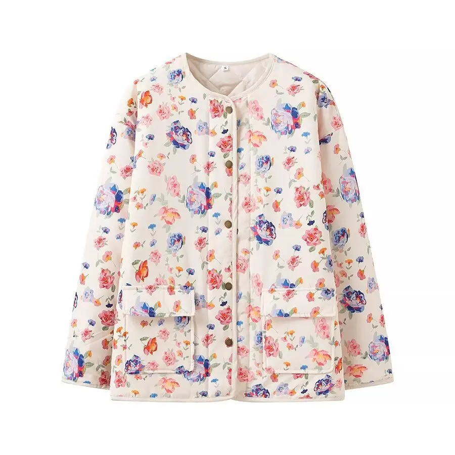 

Зимняя романтическая повседневная стеганая хлопковая куртка с цветочным принтом и круглым вырезом в европейском и американском стиле A77