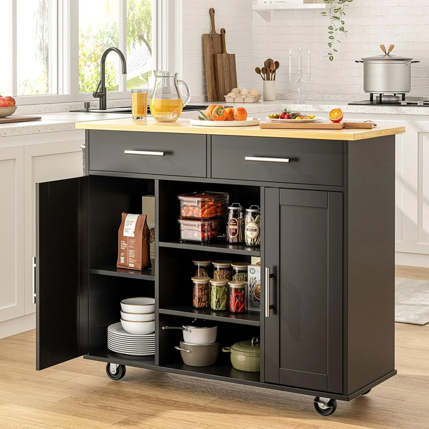 Kitchen Island with Storage Cart Table Rolling Butcher Block on Wheels Portable Large Mobile Counter Drop Black