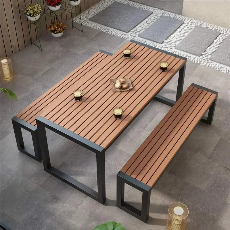 Outdoor Solid Wood Table and Chair Set Plastic Wood One Piece Anti Corrosion Beer Table Casual Dining Furniture for Patio