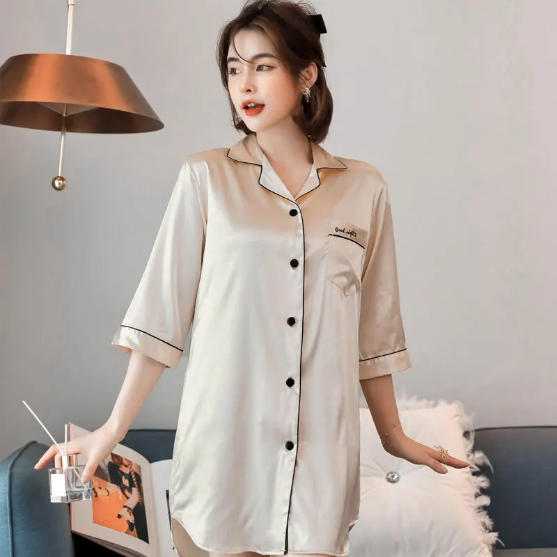 Simulated Silk White Women Nightdress Summer Sexy Thin Shirt Button Medium Long Spring Autumn Private Room Pajamas Khaki Clothes