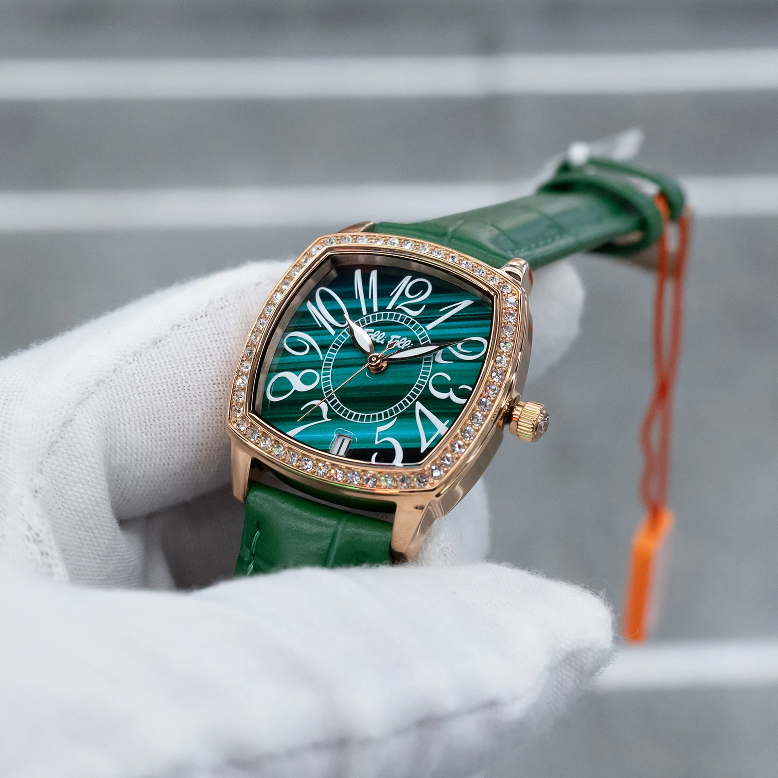 FolliFollie-Women's Fashion Watch Rose Gold Green Dress Watch Square Big Numerals Quartz Ladies' Wristwatch with Leather Strap