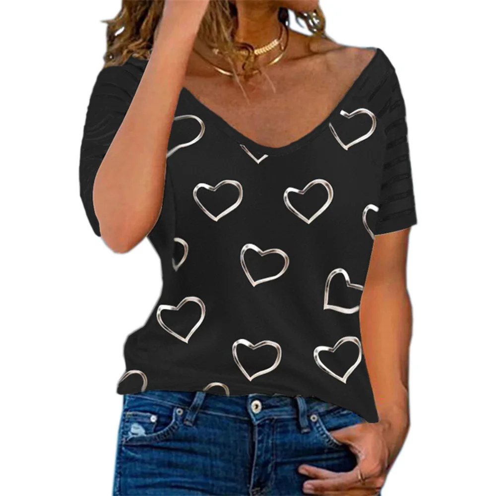 

Zagros Women Casual Off Shoulder T-shirt, Sweet Heart Print Short Sleeve Loose Ladies Tee Top