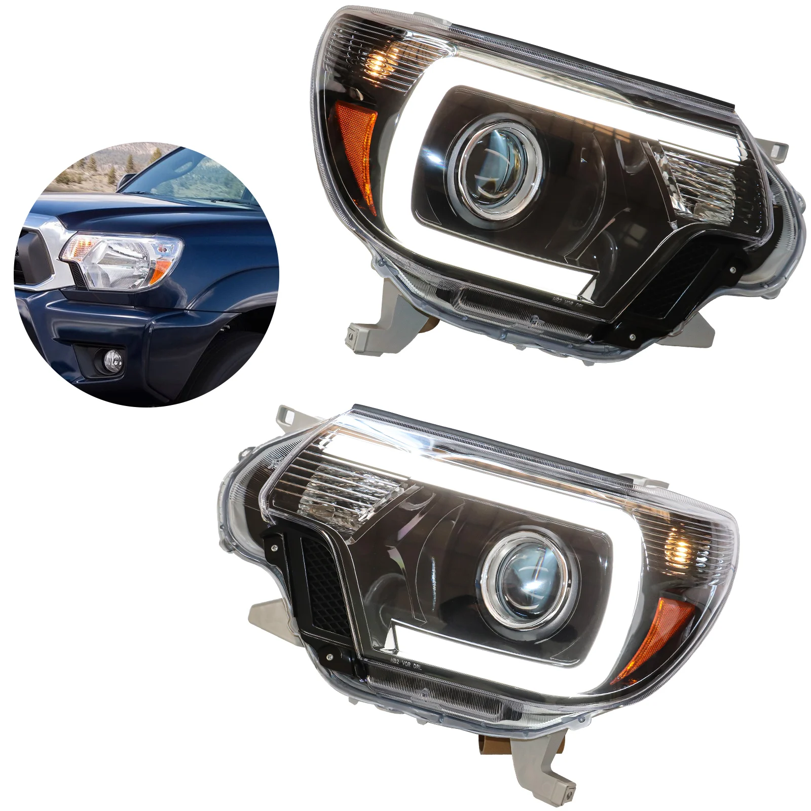 

1 Pair Headlights Halogen For 2012 2013 2014 2015 Toyota Tacoma LED DRL Bar Headlamps Assembly Turn Signal Black DRL LED