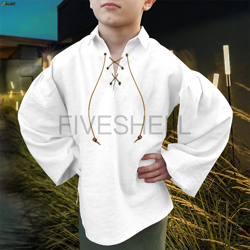 Toddler Boys Medieval Shirt Renaissant Lace Up Halloween Scottish Jacobite Costume Classical Tops Boys Shirts