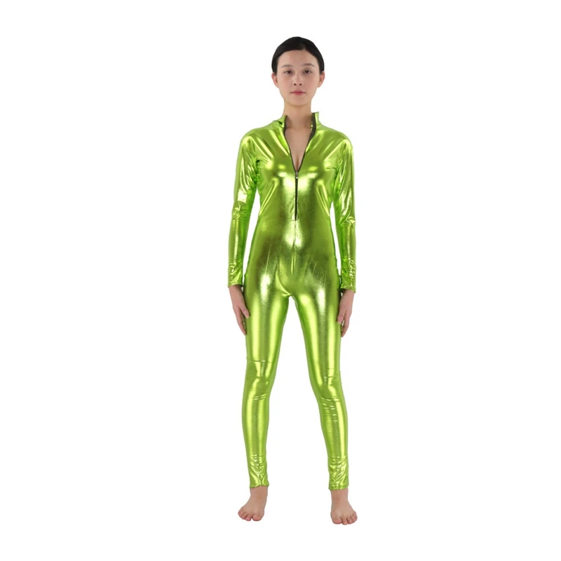 Terno metálico brilhante do Spandex Zentai para mulheres, Catsuit unisex, bodysuit com zíper frontal, segunda pele, carnaval do Dia das Bruxas, látex