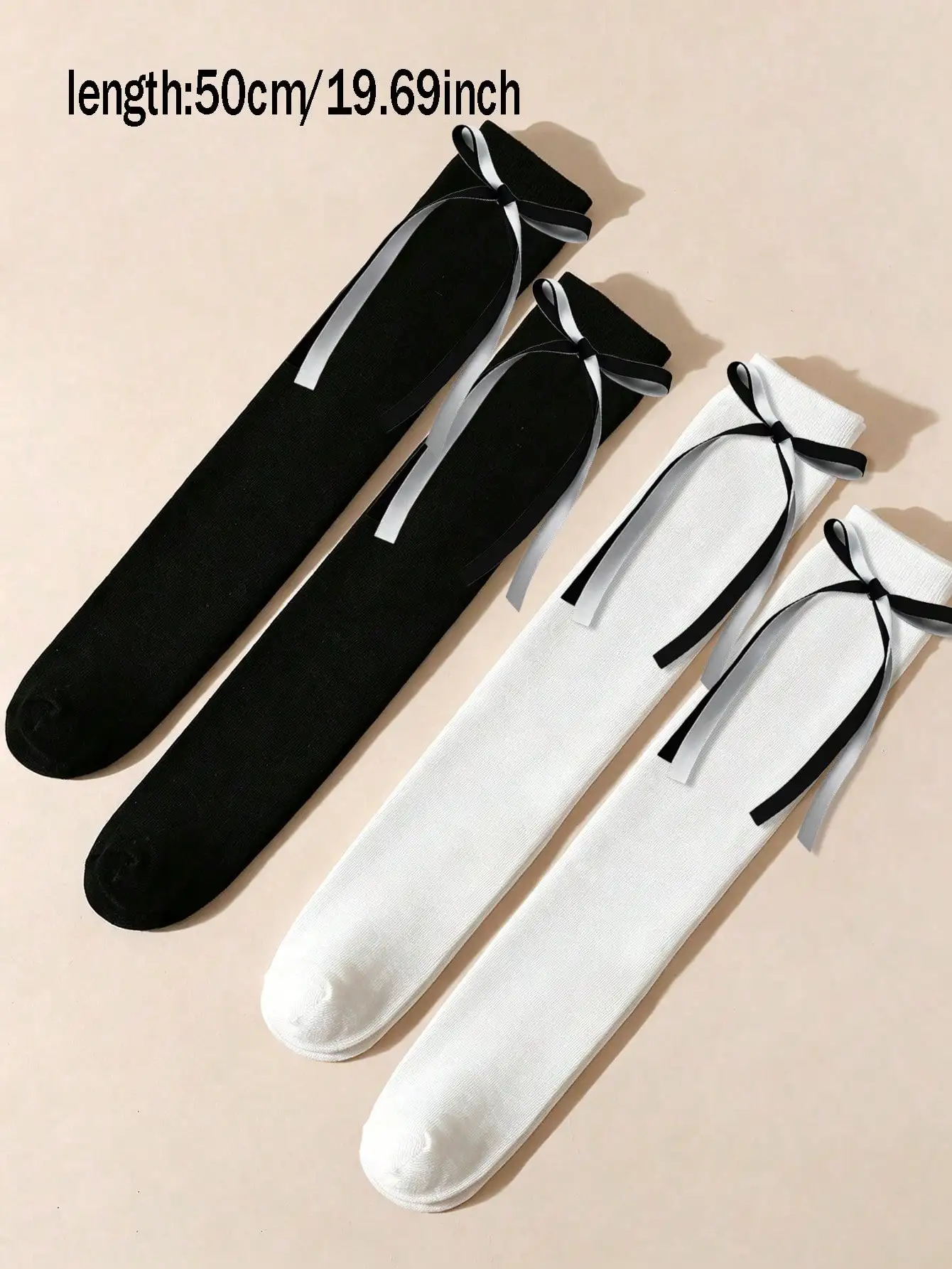 2Pairs Girl Knee High Socks Two-Tone Bow Ribbon Ribbed Long Socks All Season Kid Fashion Stockings For School Uniform Daily Wear