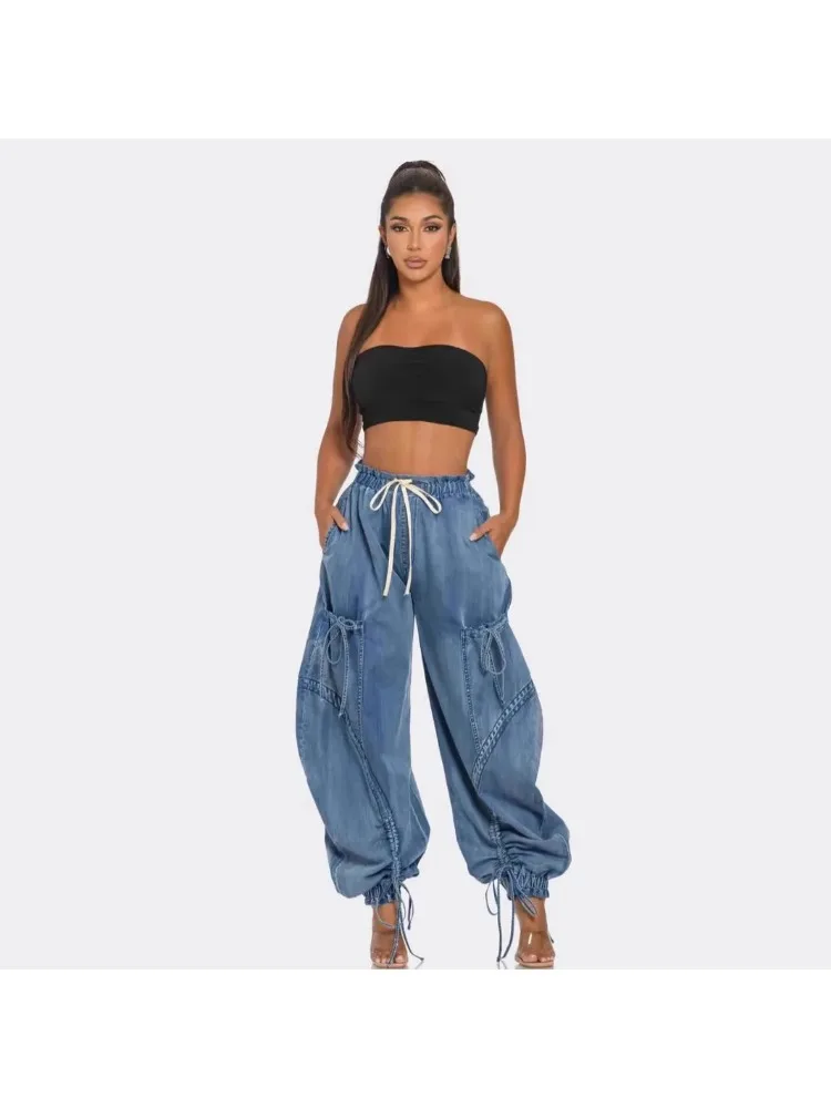 

Women Cargo Jeans High Waist Denim Pant Bandage Pockets Streetwear Harajuku American Retro Denim Trousers for Women 2025