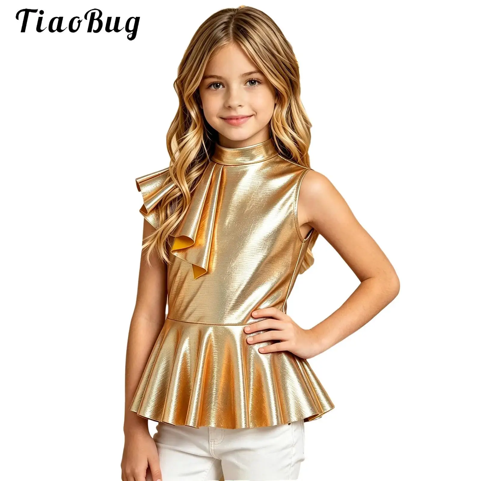 Kids Girls Metallic Shiny Vest Top Child Asymmetrical Ruffle Sleeveless Peplum Tops Hip-Hop Jazz Dance Costume Stage Performance