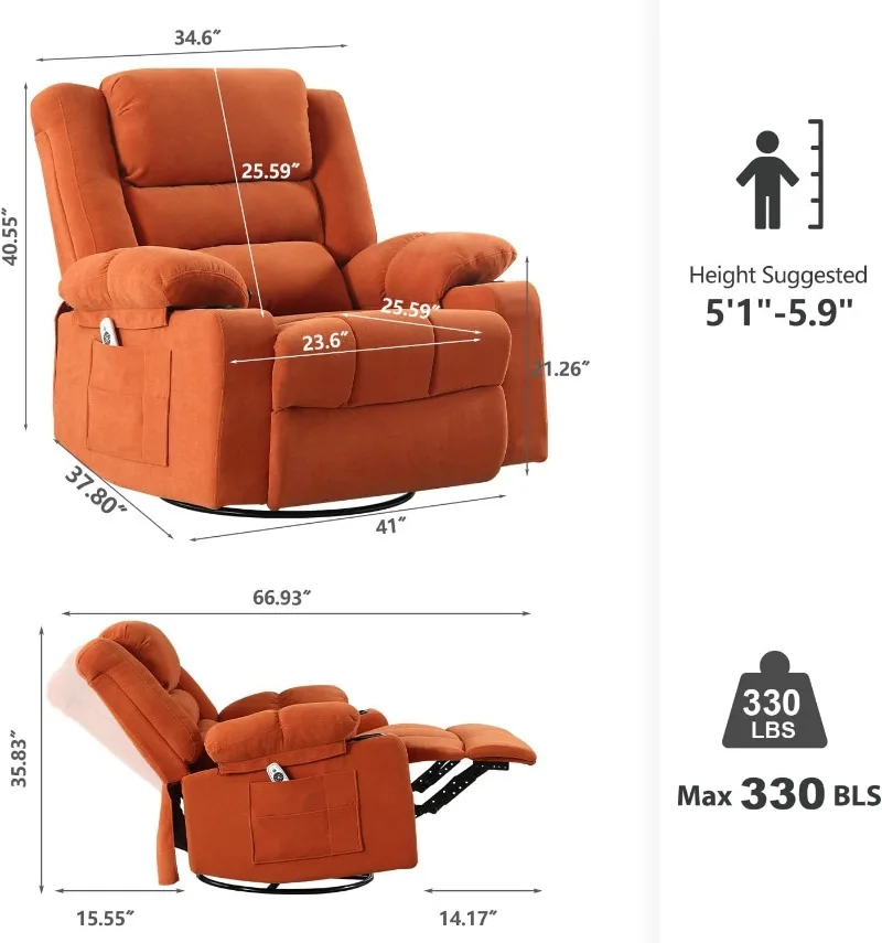 Recliner Chair Massage Rocker with Heated Modern Ergonomic Lounge 360 Degree Swivel Single Sofa Seat Living Room Recliners on Cl