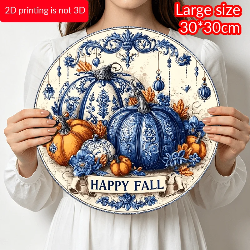 2D Flat Printed, 1pc Blue & White Porcelain Autumn Pumpkin Wall Art - Aluminum Hanging Circular Pediment with Happy Fall