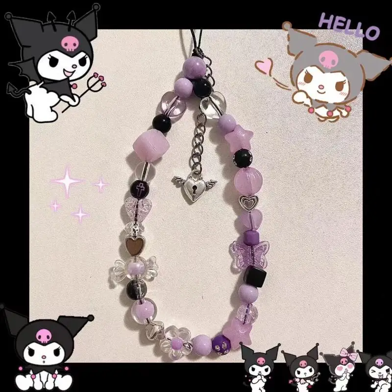 Kuromi Black Purple Acrylic Cartoon Mobile Phone Chain Anti-Lost Lanyard Strap Beaded Hanging Jewelry Girls Sweet Accessories