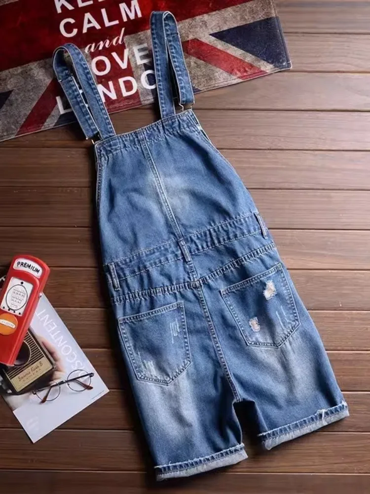 Men New Summer Rompers Hole Ripped Straight Cargo Denim Shorts Hip Hop Strap Overalls Size 5XL High Street Fashion Casual Jeans