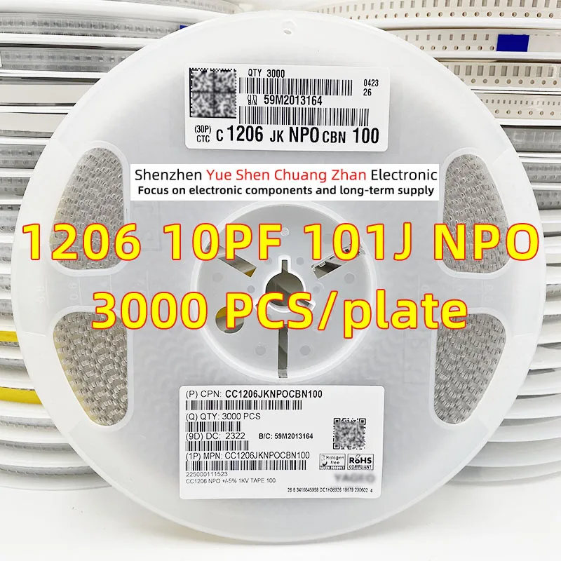 

Patch Capacitor 1206 100J 10PF 10P 1000V 1KV Error 5% Material NPO/COG Genuine capacitor（Whole Disk 3000 PCS）