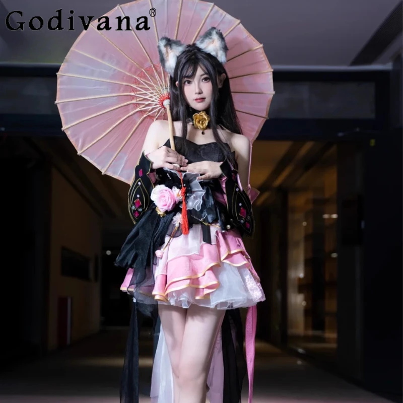 

Magic Cosplay Full Costume Girls Two Dimensional Game Anime Flower Dress Set Women's Collarless Halloween Party Dress