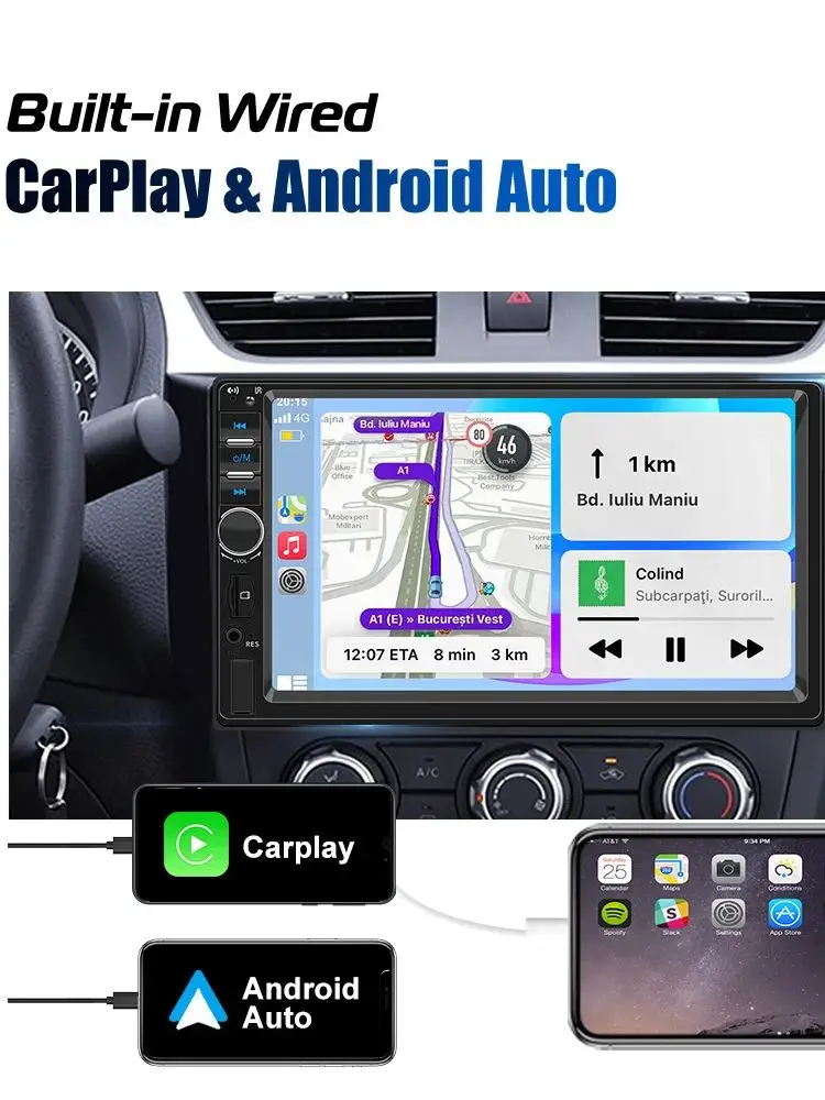 ESSGOO 7 inch 1 DIN Universele Autoradio Stereo Bedrade Apple Carplay Android Auto Bluetooth TF USB AUX HD Touchscreen Hoofdunit - afbeelding 2
