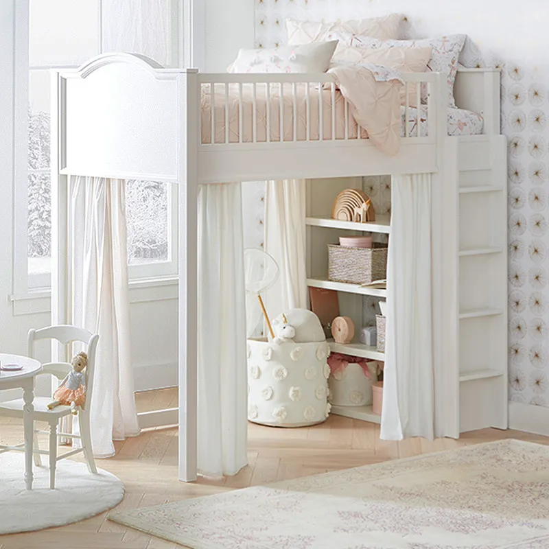 Wooden Loft Bed with Privacy Curtain, Under-Bed Desk & Wardrobe, Single Upper Bunk, Custom Made