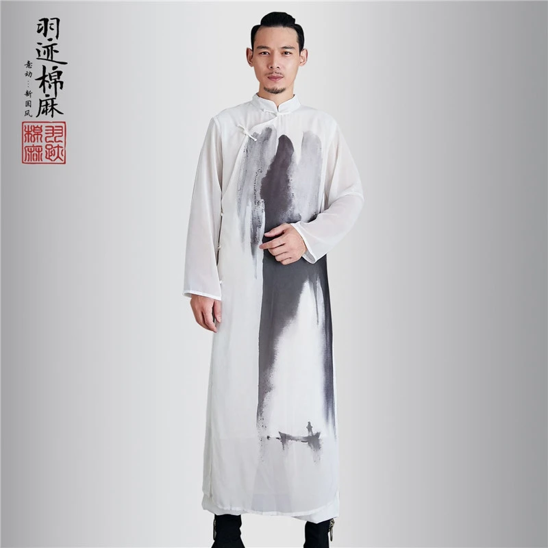 

Ancient Style Men's Chiffon Long Shirt Diagonal Button Chinese Style Wudang Tai Chi Kung Fu Martial Arts Performance Robe