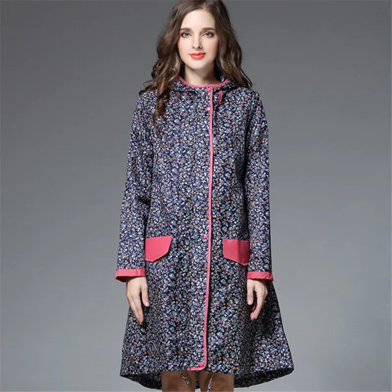 Navy/Khika Floral Raincoat Women Poncho Waterproof Outdoor Trip Rain Coat Jackets Female Belt Cloak Chubasqueros Mujer With Hood