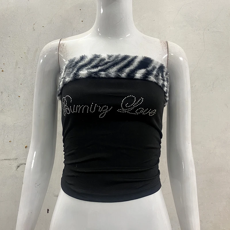 Women's Sexy Slim Fit Y2K Leopard Print Vest Strapless Top Short Style Navel Exposed Casual Summer Fashion Letter Hot Drilling
