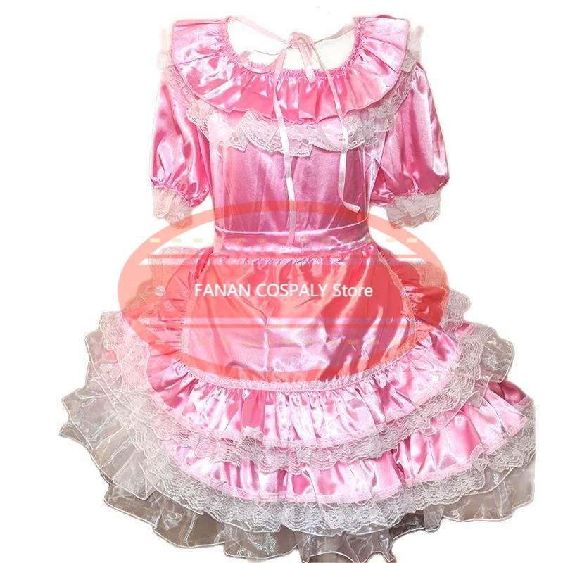 Adult Giant Baby Sexy Girl Pink Thin Silk Sissy Short Sleeve Dress Japanese Maid Role Play Customized Multi Color