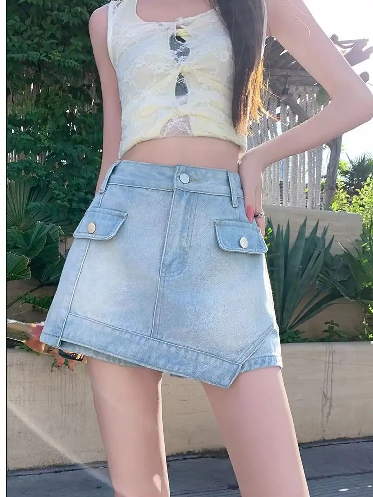 CHIC Irregular Design Distressed Retro Blue Denim Women Skirts Shorts Fashion Preppy Style High Waist Mini Skirt Girls Trend