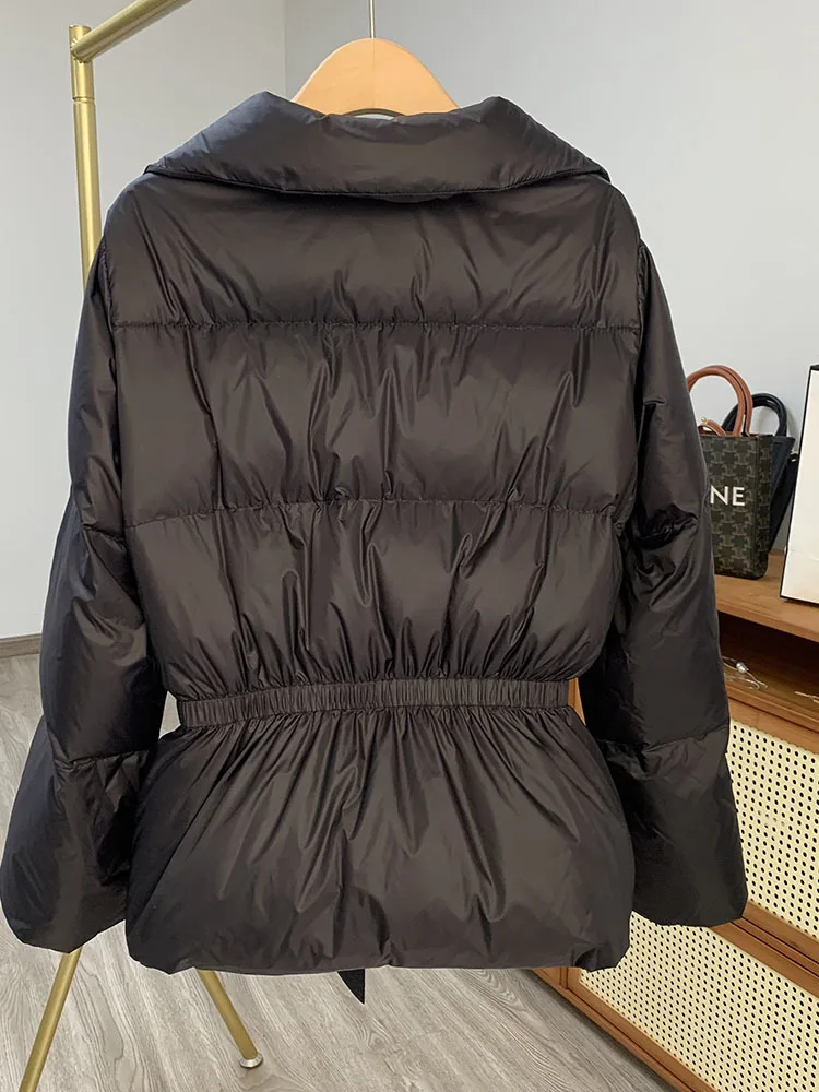 Winter donsjack dames dikke warmte gordel parka uitloper vrouwelijke casual pluizige eendendons jas korte slanke puffer jas