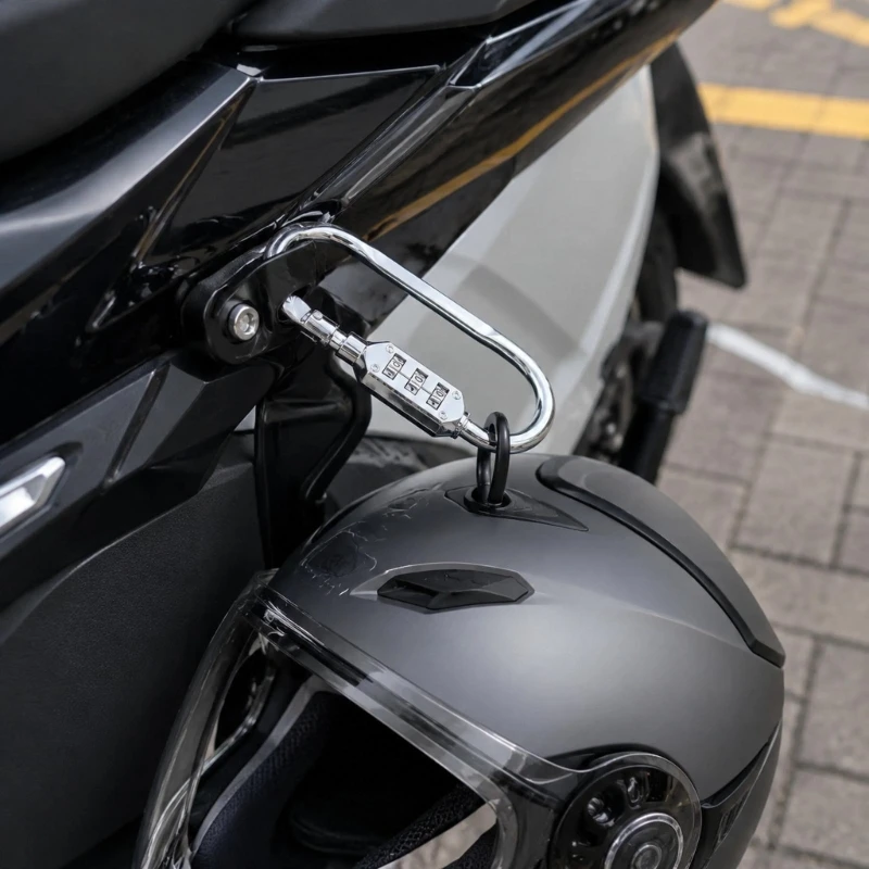 Adjustable Helmet Lock for Motorcycles with Carabiner-Style Loop, Hand-Tightened Bracket and Tool-Free Parked Storage Mount