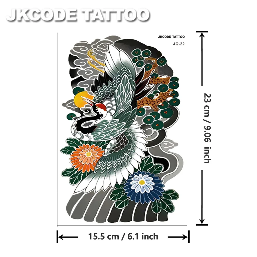 Orientalisches Kranich-Arm-Tattoo – schwarze grüne Tuschemalerei, rotgekrönter Kranich-Armband-Tattoo-Aufkleber – doppeltes mythisches Muster für Männer, temporäre Tätowierung für Hände und Rücken, 3–5 Tage