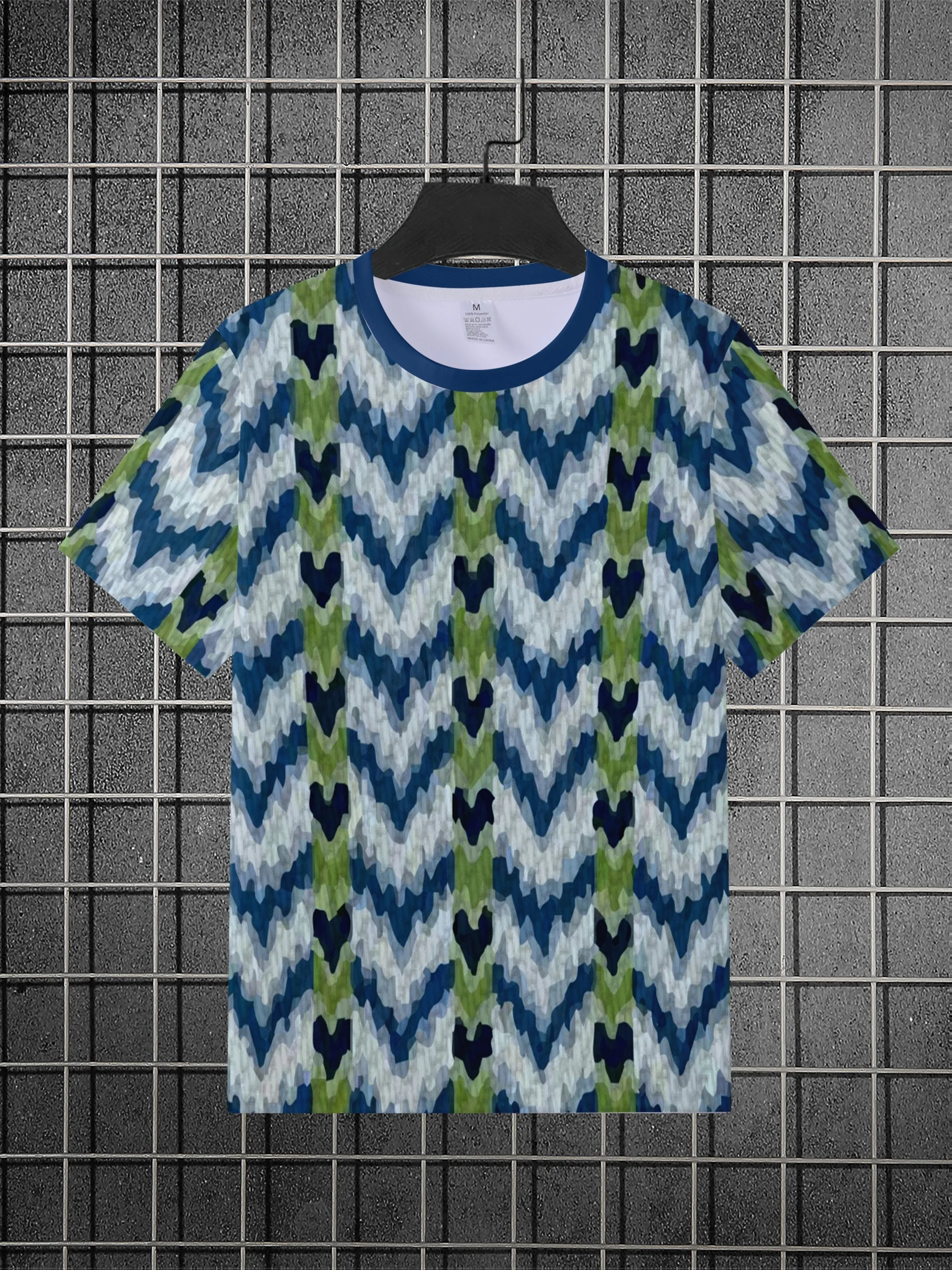 Men 3D Print T-Shirt Blue Green Chevron Heart Tie Dye Pattern O Neck Short Sleeve Casual Summer Streetwear Tee