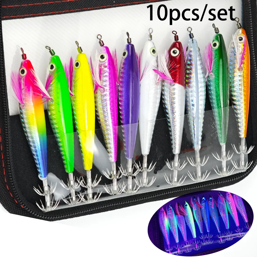 

10 шт. светящиеся приманки для кальмаров, светящиеся крючки для наживки для кальмаров, горизонтальные рыболовные приманки для креветок для каракатиц, осьминог, искусственные интеллектуальные 에기