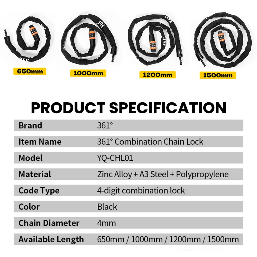 361 Degrees Bicycle Chain Lock 4-Digit Combination Bike Cable Lock Anti-Theft Portable MTB Road E-Bike Bike Locks Accessories