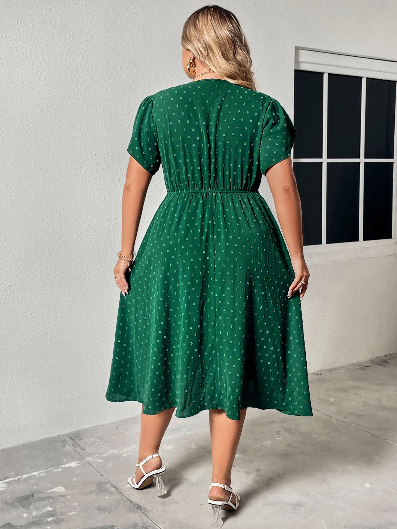 Plus Size Surplice Neck Swiss Dot A-Line Dress Women Vacation Casual Summer Boho Elastic Waist Large Size Elegant Midi Dresses