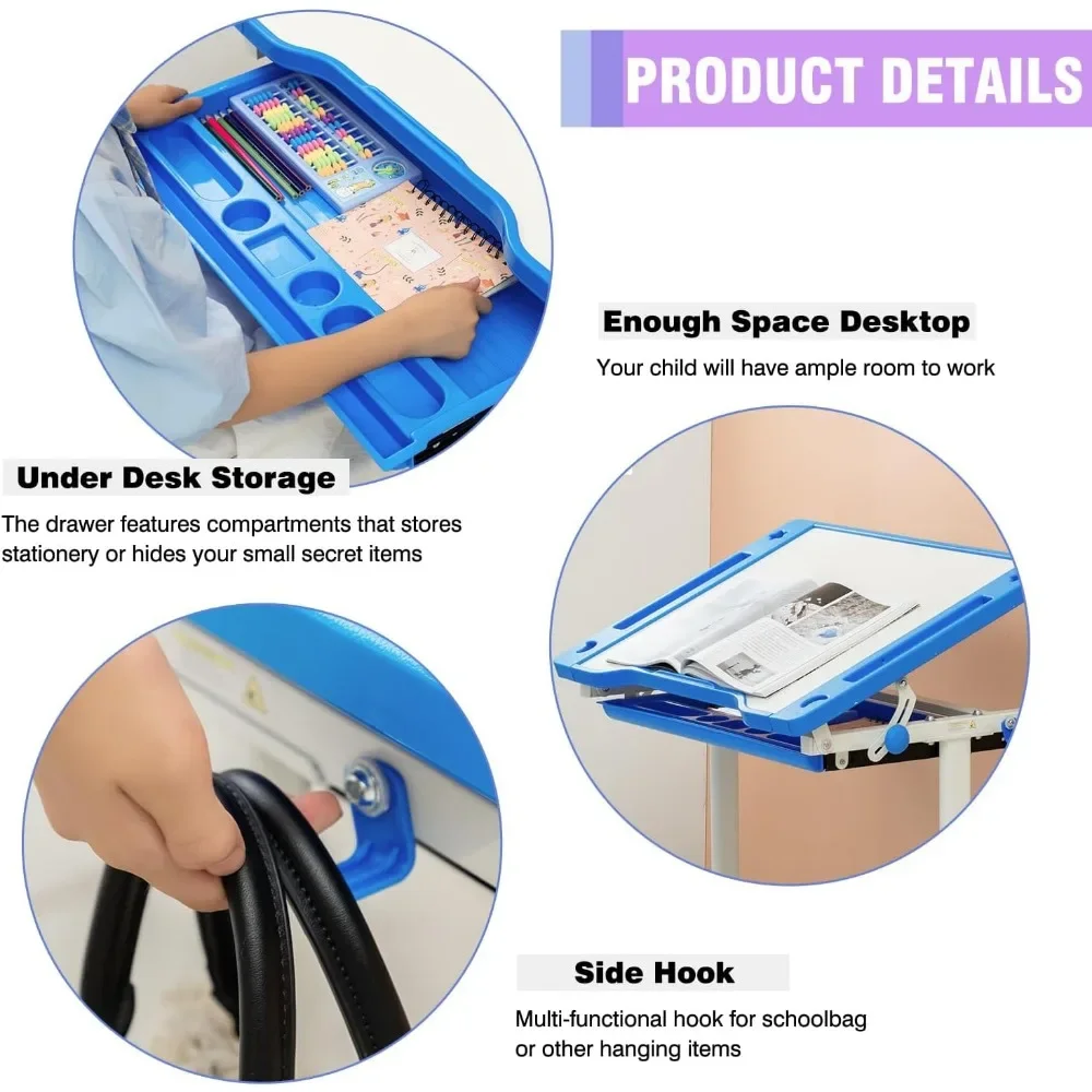 Children's desk and chair set, height adjustable children's learning desk with drawer storage space