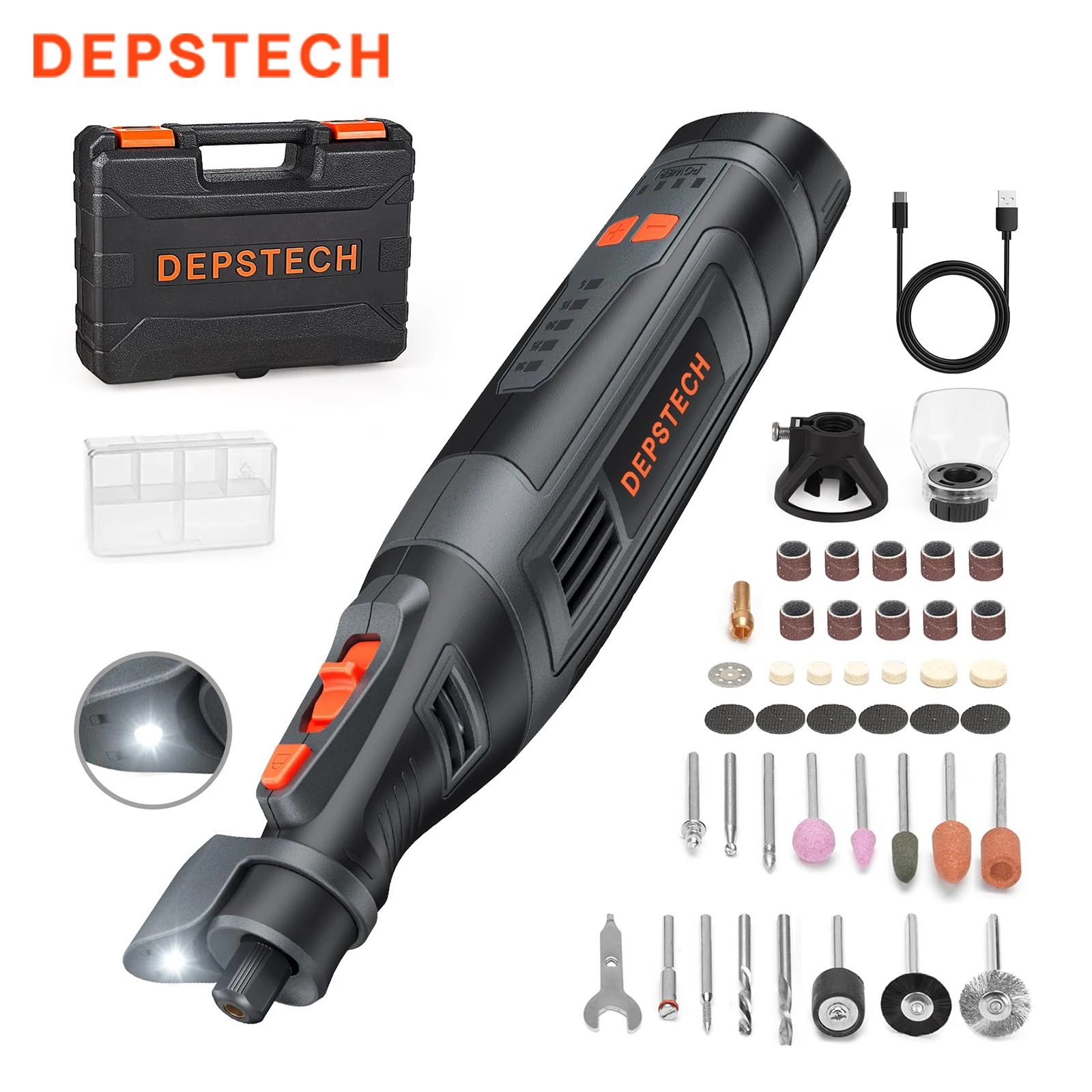 depstech-dc08-grey-8v-cordless-rotary-tool-kit-with-47pcs-enduring-accessories-led-work-lighting-carry-case