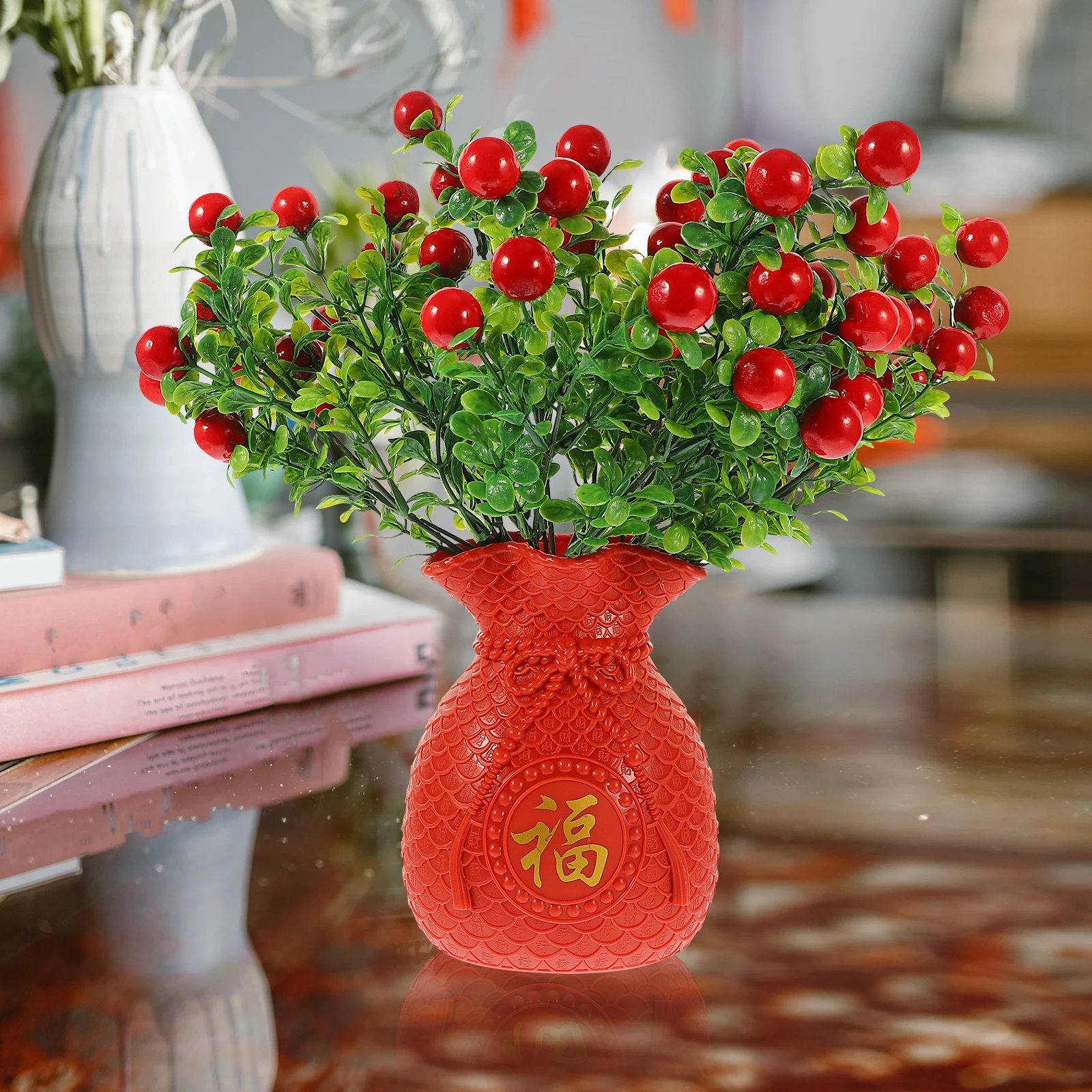 

Chinese Style Fortune Vase with Apple Red Bag Decor Living Room Bedroom Farmhouse Flower Craft Decorative Office Vase