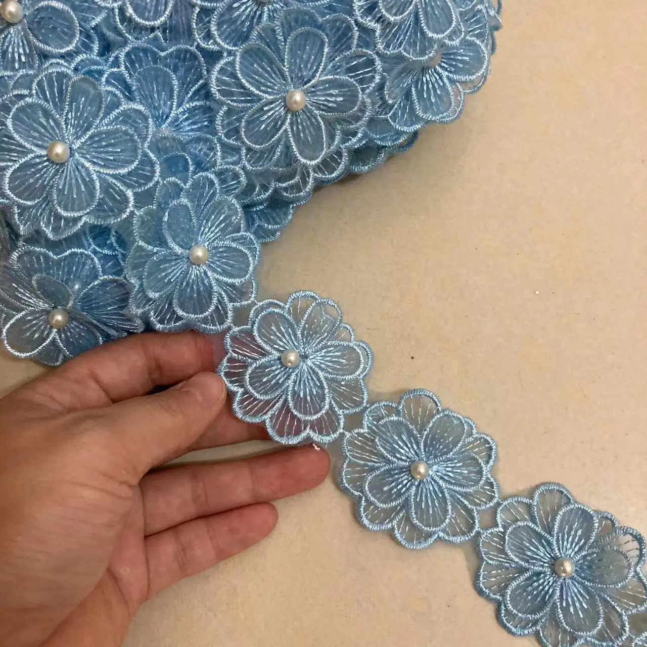 1 yard Blue Pearl Beaded Embroidered Flower Lace Ribbon Trim Floral Applique Patches Fabric Sewing Craft Vintage Wedding Dress