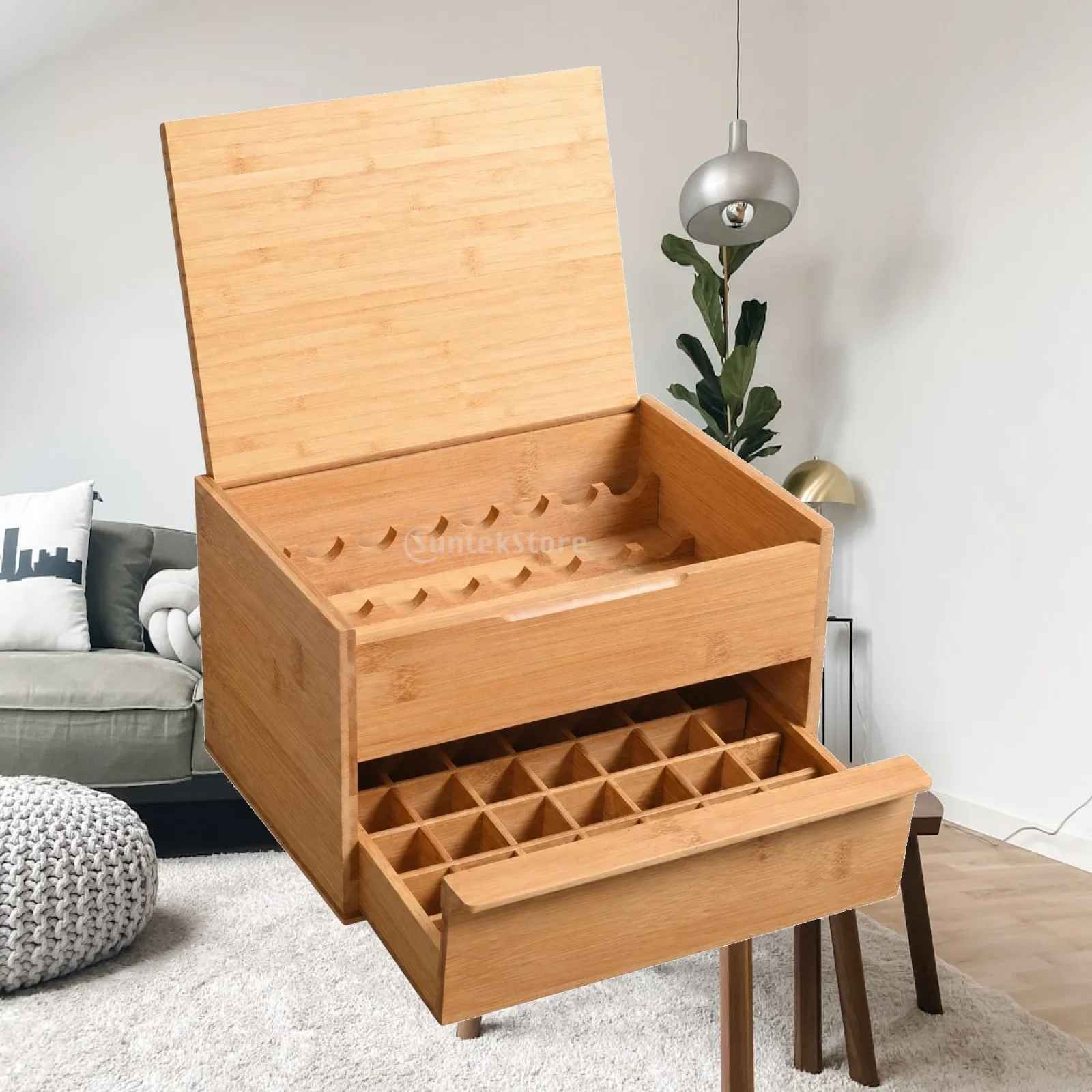 armoire-organisatrice-polyvalente-en-bois-de-bambou-pour-bouteilles-d'huiles-essentielles-avec-supports-sculptes-et-tiroir-a-accessoires
