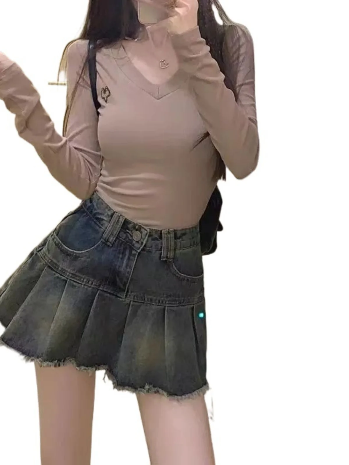 

Джинсовая плиссированная юбка с высокой талией в стиле ретро, женская уличная юбка трапециевидной формы, джинсы с высокой талией в стиле ретро, юбка с высокой талией