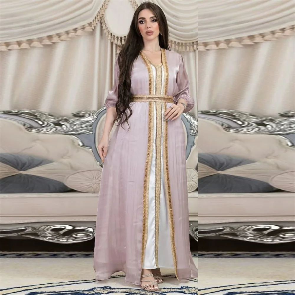 Moroccan Caftan Luxury 2024 Silk Satin Elegant Lantern Sleeve 3pcs Dress Diamonds Abaya Muslim Sets Ramadan Dresses For Women