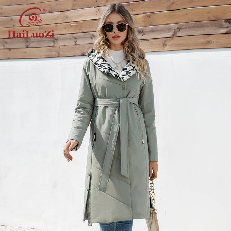 HaiLuoZi 2023 New Spring Women Coat Slim Hooded Parkas Long Fashion Jacket With Belt High Quality Quilted Women\'s Outwear 7059-1