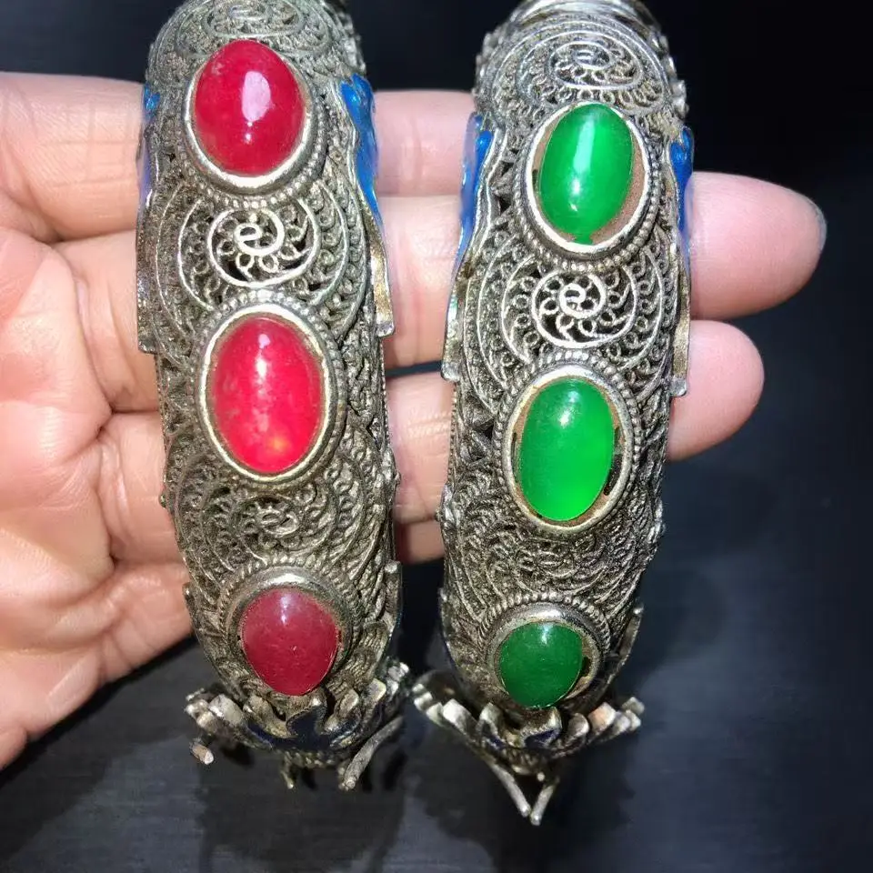 

Лидер продаж, тибетский серебряный браслет-манжета с инкрустацией нефритом, модные индивидуальные украшения, браслеты с двойным скелетом дракона