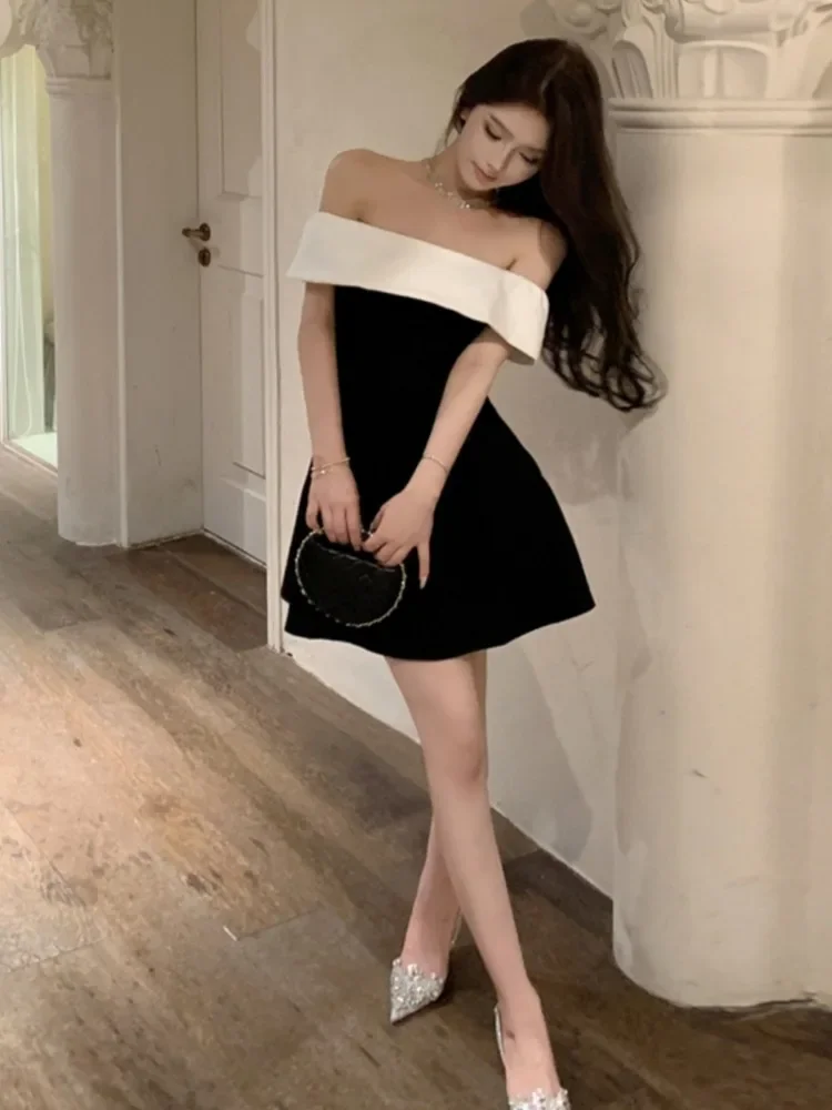 Ezgaga Off Shoulder Dresses Women Slash Neck Contrast French Style Chic Elegant Mini Dress Party Ladies Vintage Sexy Backless