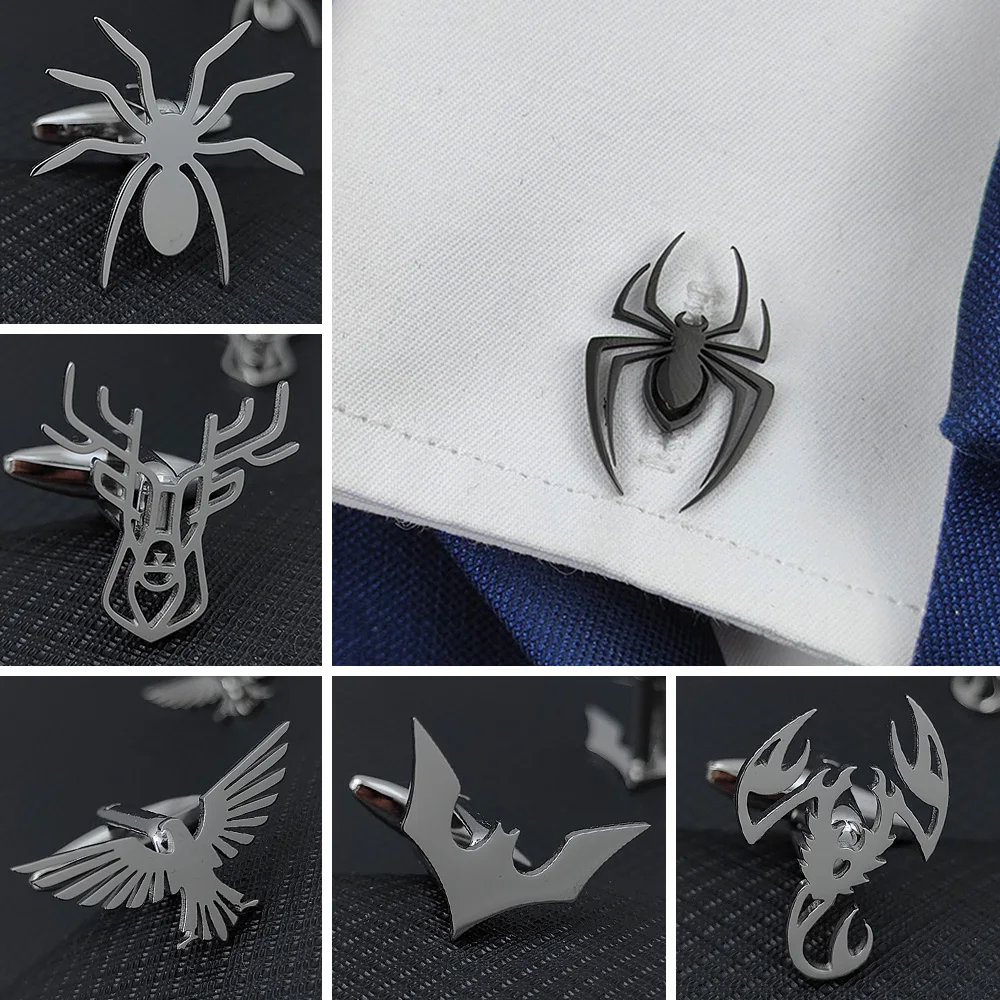 Stainless Steel Skull Spider Bat Cufflinks Men Shirt Buttons Ties for Men\'s Clothes Decorative Punk Dark Cuff Links Jewelry Gift