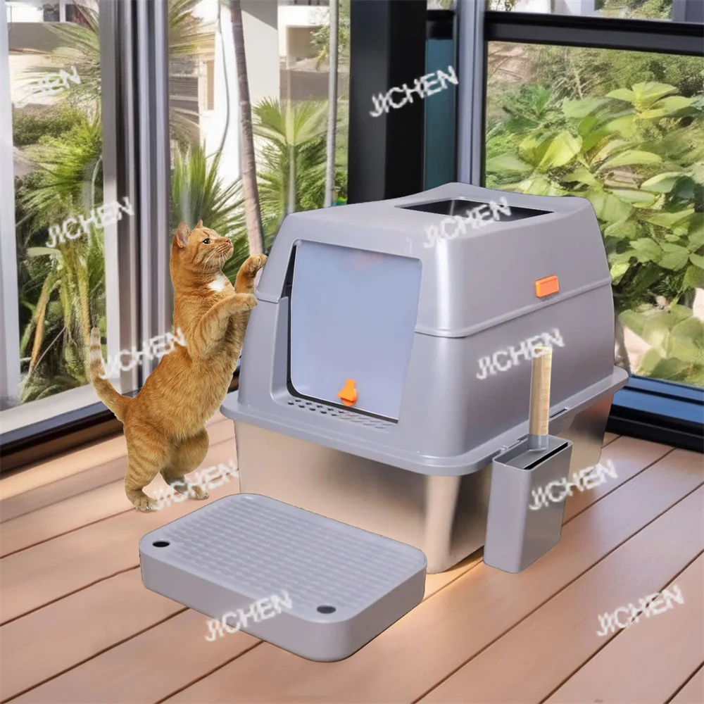 XXL الفولاذ المقاوم للصدأ صندوق نفايات القط المغلقة جرو القط علبة نفايات مع غطاء كبير مقلاة نفايات عالية الجدار الجانب سهلة التنظيف المرحاض