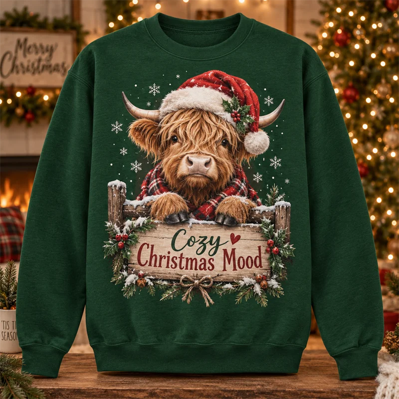Men Crewneck Sweatshirt, Cute Christmas Penguin Santa Hat Snow Tree Print Polyester Casual Pullover