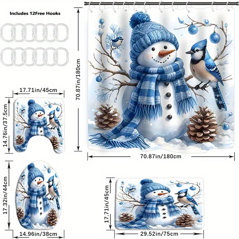 4Pcs Winter Wonderland Bath Set – Snowflakes Snowman, Curtain, 12 Hooks, Toilet Cover, Non-Slip Mat, Christmas & Winter Decor