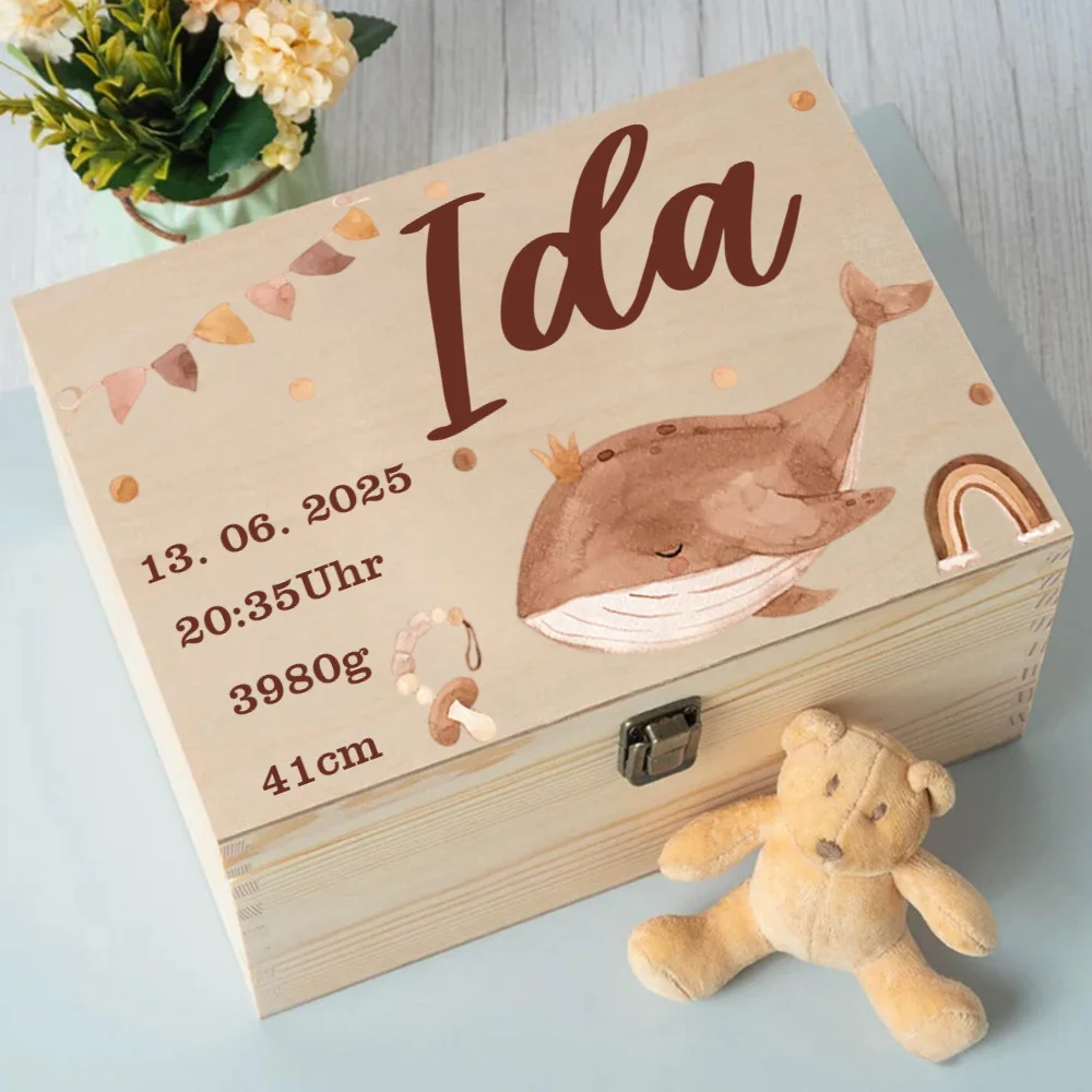 Personalized Keepsake Box Whale with Name for Storing Memory Baby Baptism Shower Gift Baby Birth Stats Boxes Umbilical Cord Box