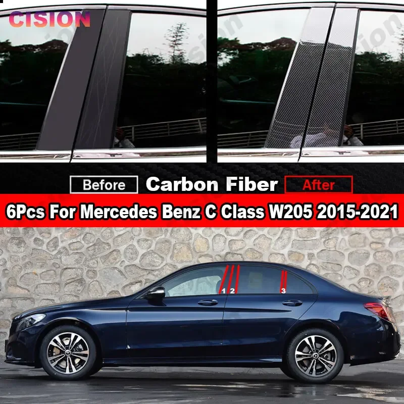 6x Carbon Fiber Mirror Effect Window Door Column BC Pillars Post PC Cover Trim For Mercedes Benz C Class Sedan W205 Glossy Black