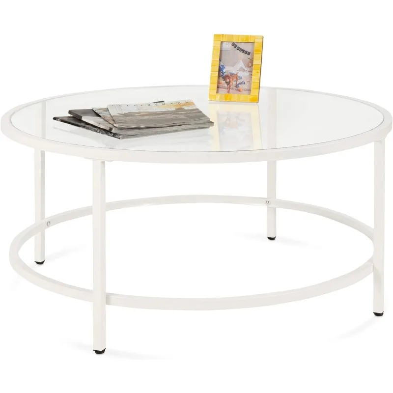 

36in Modern Round Tempered Glass Accent Side Coffee Table for Living Room, Dining Room, Tea, Home Décor w/Metal Frame