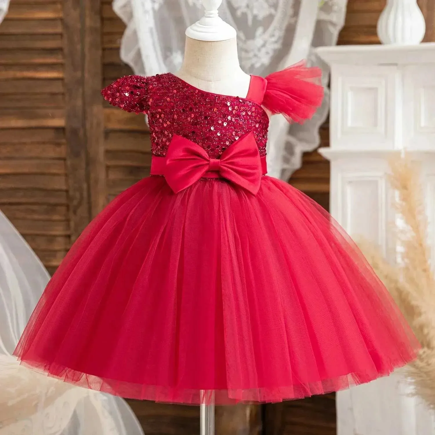 Vestidos de princesa de flores para niña, vestidos de boda con lazo y lentejuelas hasta la rodilla, fiesta de cumpleaños para niña, vestidos de primera comunión